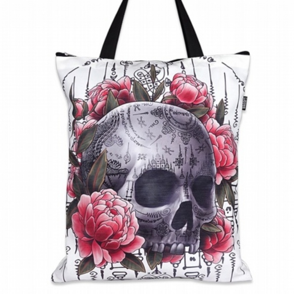 Liquor Brand Sak Yant Tote Bag Skull with Flowers